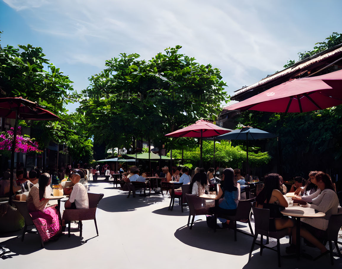 Vibrant outdoor cafe scene with red umbrellas and green trees