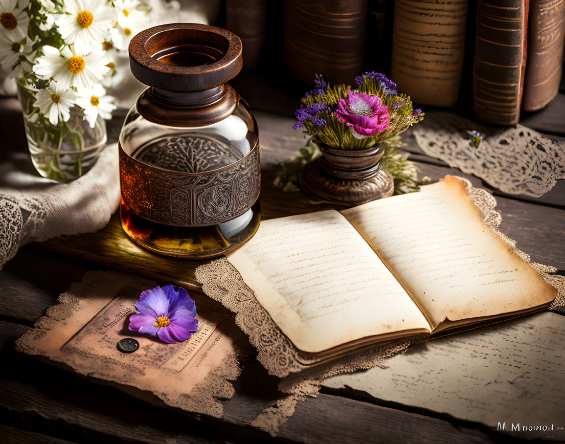 Vintage desk setup with open book, inkwell, flower, quill, and papers in warm light