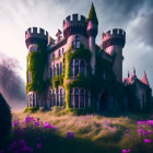 Ivy-covered castle with towers in misty landscape surrounded by purple flowers