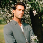 Man in green shirt by blossoming tree gazes into distance