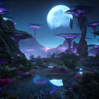 Mystical night landscape with luminescent trees, glowing stream, ancient towers, and large moon