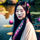 Woman in Traditional Attire Surrounded by Lotus Flowers