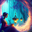 Enchanted forest with woman in blue dress and ethereal blue fox