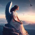 Majestic angel with large wings on mountain at twilight