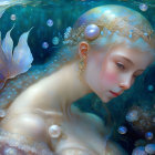 Ethereal underwater scene with pearl-adorned mermaid, bubbles, and fish