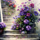 Vibrant flower-adorned stone staircase with purple, pink, and orange petals.