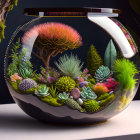 Vibrant stylized plants with golden house in modern terrarium