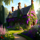 Charming cottage surrounded by blooming garden and purple flowers