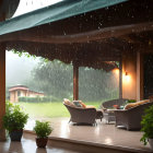 Chairs, potted plants, and rain on porch overlooking yard and lake