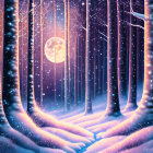 Snowy Forest at Night: Full Moon Illuminates Serene Scene