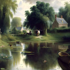 Tranquil Countryside Scene: Thatched Cottages, Pond, Swans, Horses