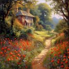 Tranquil Path with Red Poppies and Purple Flowers Amid Green Landscape