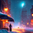 Snowy evening cityscape with person at lamppost and tower under starry sky