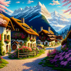 Charming village with cobblestone paths and snow-capped mountains