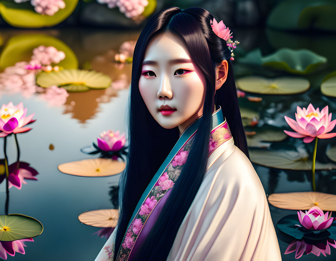 Woman in Traditional Attire Surrounded by Lotus Flowers