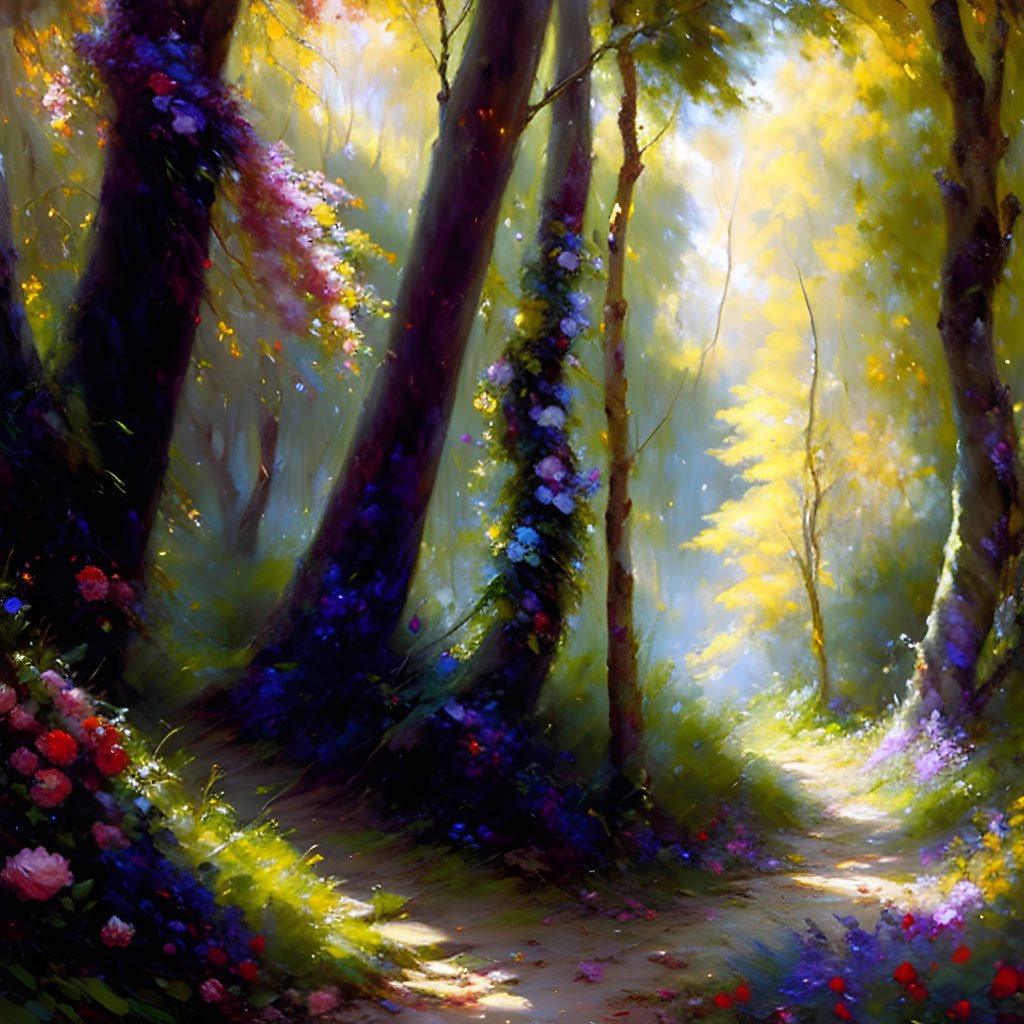 Vibrant flower-lined forest path illuminated by sunlight