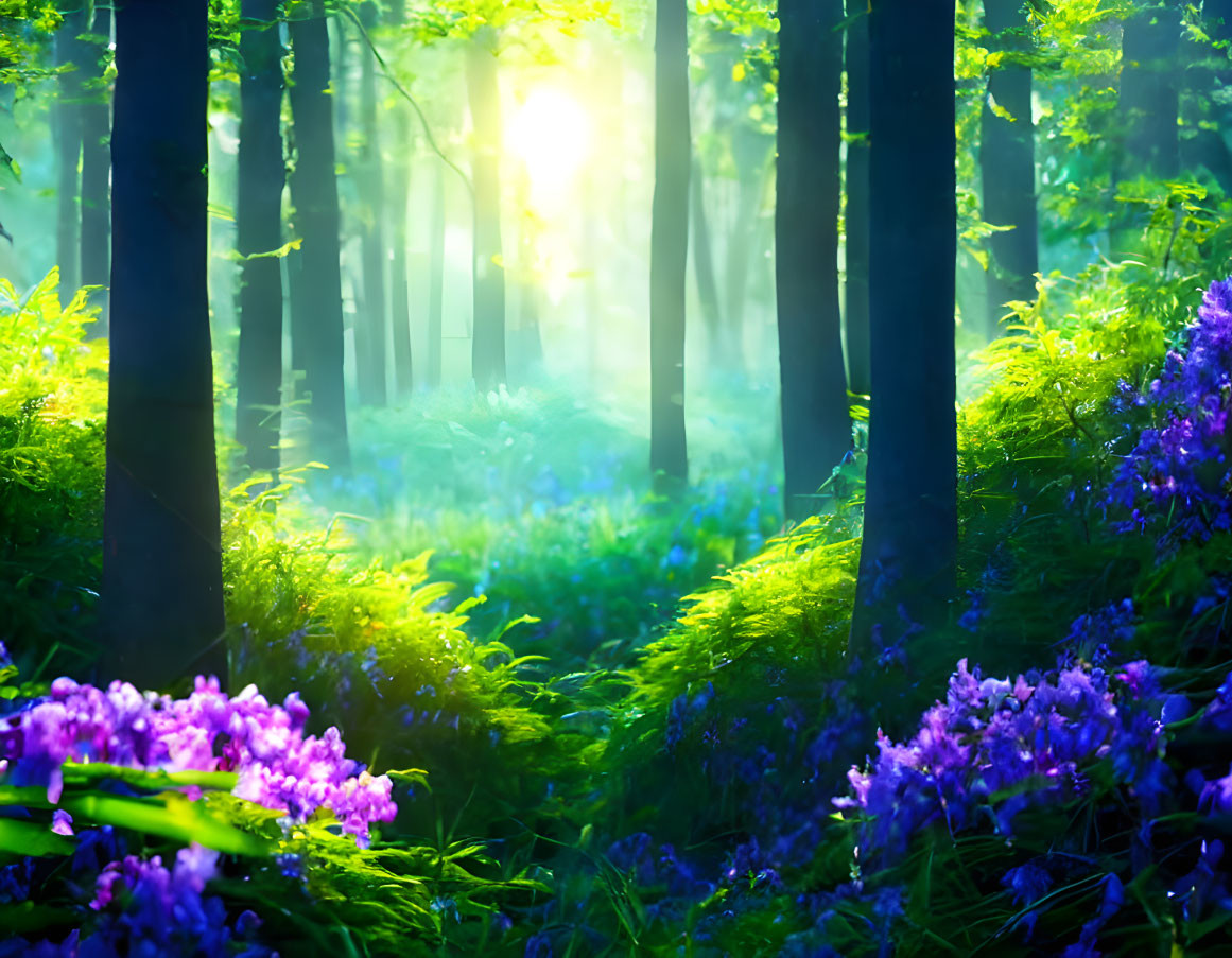 Lush forest with purple wildflowers under sunlight