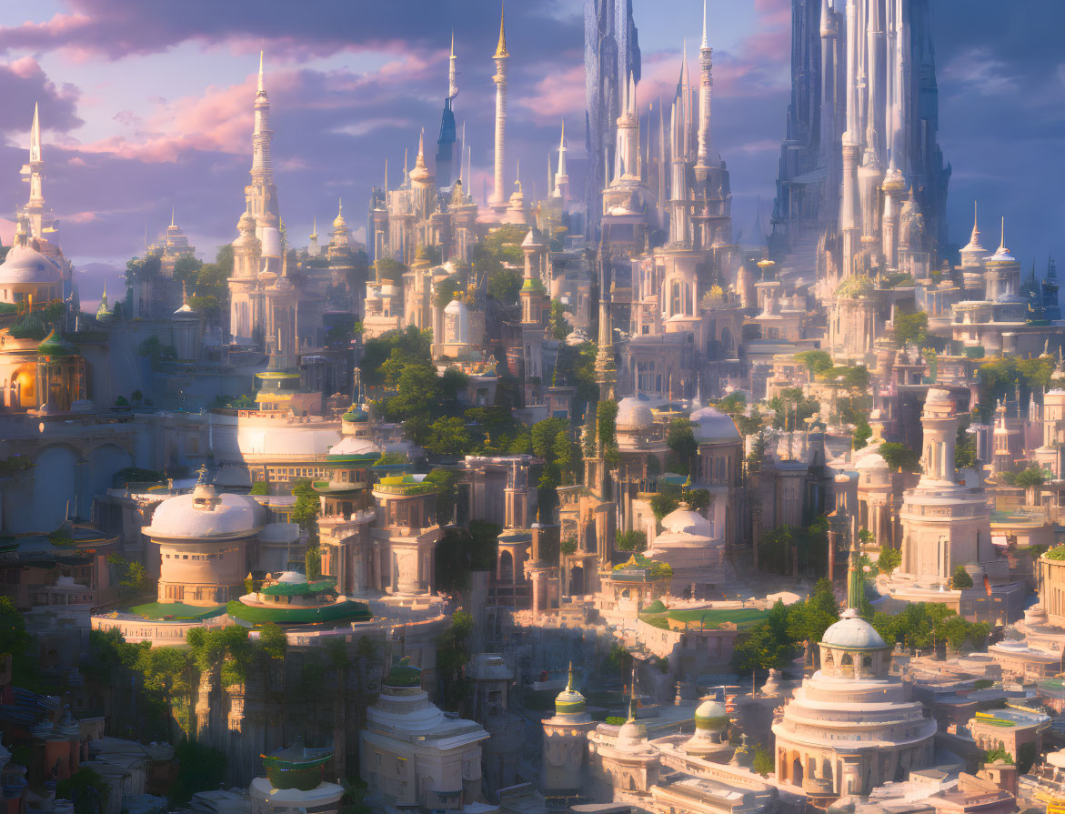 Fantasy cityscape with towering spires and sun-kissed buildings