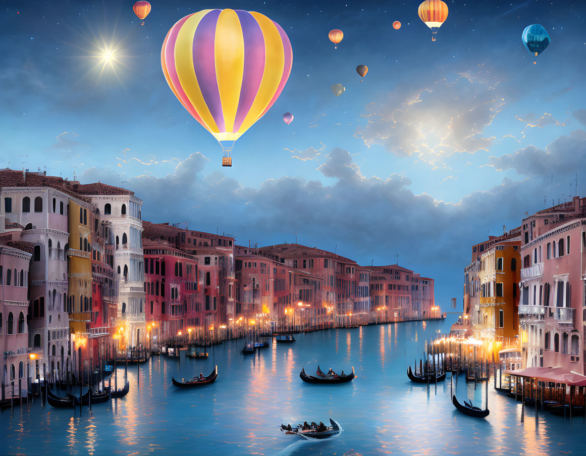 Colorful hot air balloons over twilight Venice Grand Canal.