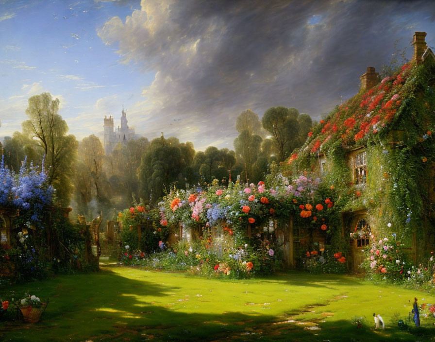 Lush garden with vibrant flowers by ivy-covered cottage and distant castle