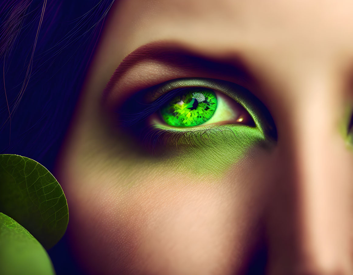 Vivid green eye with leaf-like iris pattern and dark eyelashes