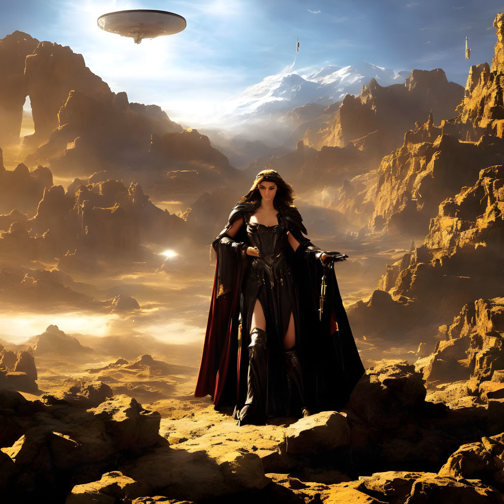 Female warrior in black outfit in dramatic desert landscape with floating sci-fi city