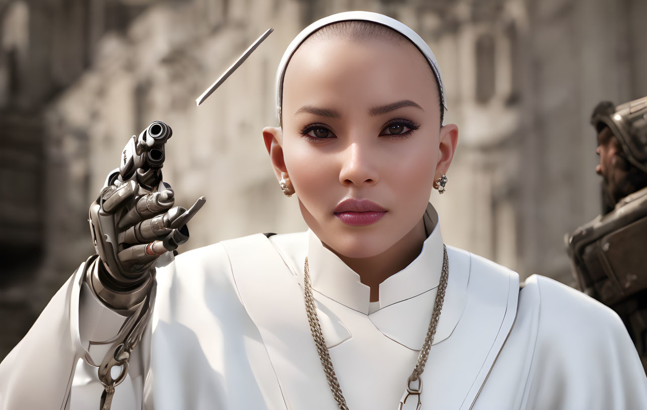 Bald Female Character with Robotic Arm in White Outfit