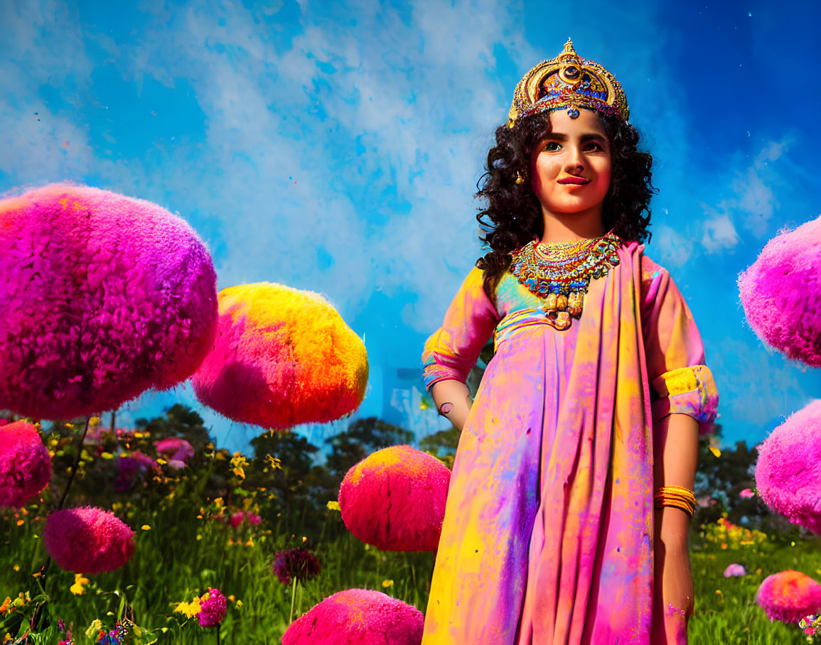 Child as Krishna in Vibrant Garden with Pink Blooms