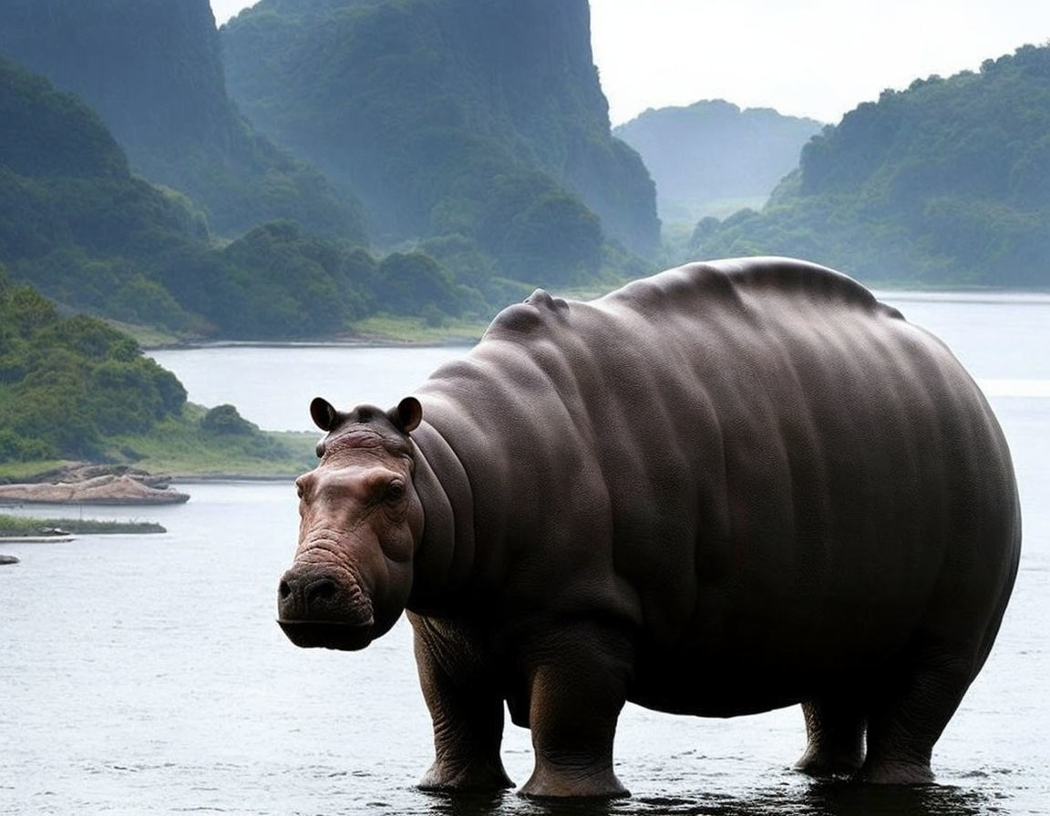 Hippopotamus in misty mountainous landscape