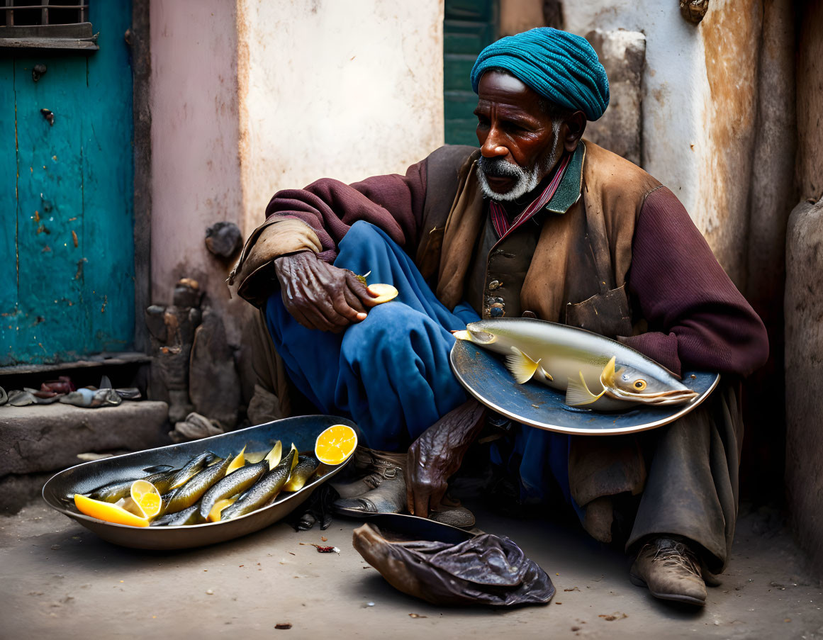 Elderly man with blue turban holding plates of fish in rustic setting