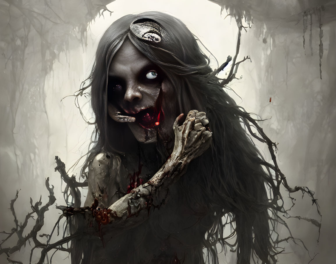 Pale-skinned figure with black eyes and gaping mouth in eerie setting.