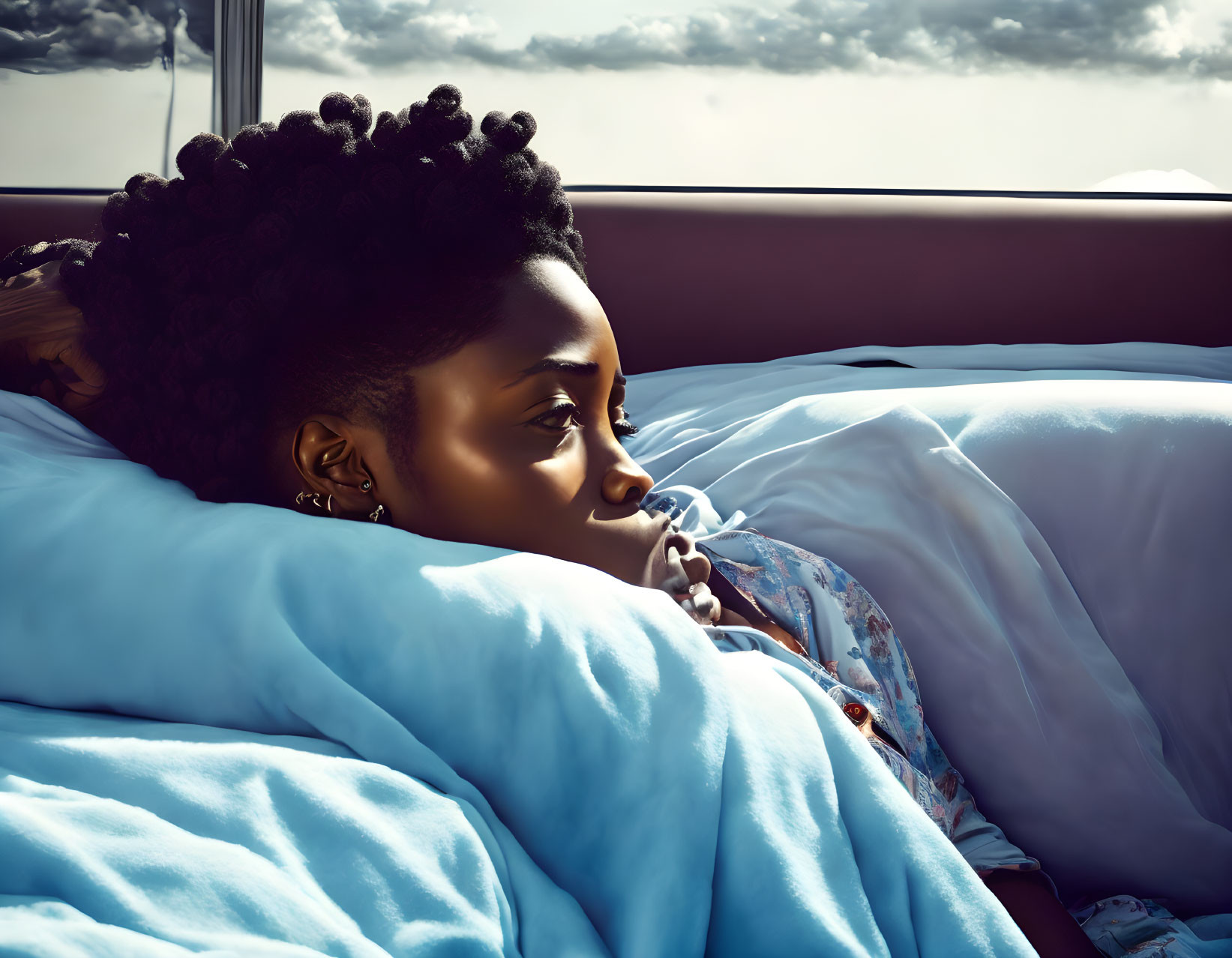 Woman with elaborate hairstyle on bed looking out window with clouds