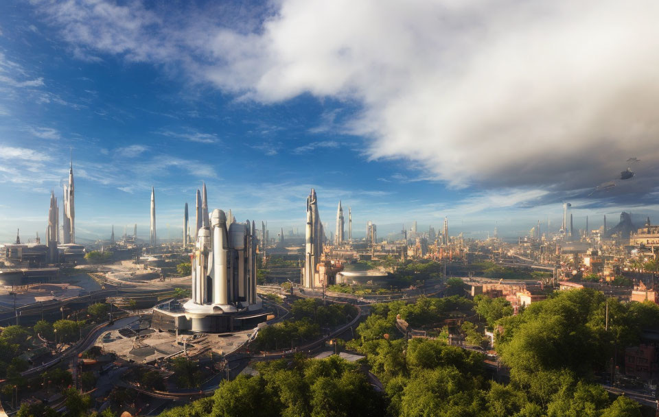 Futuristic cityscape with skyscrapers, greenery, clear skies, and flying vehicles