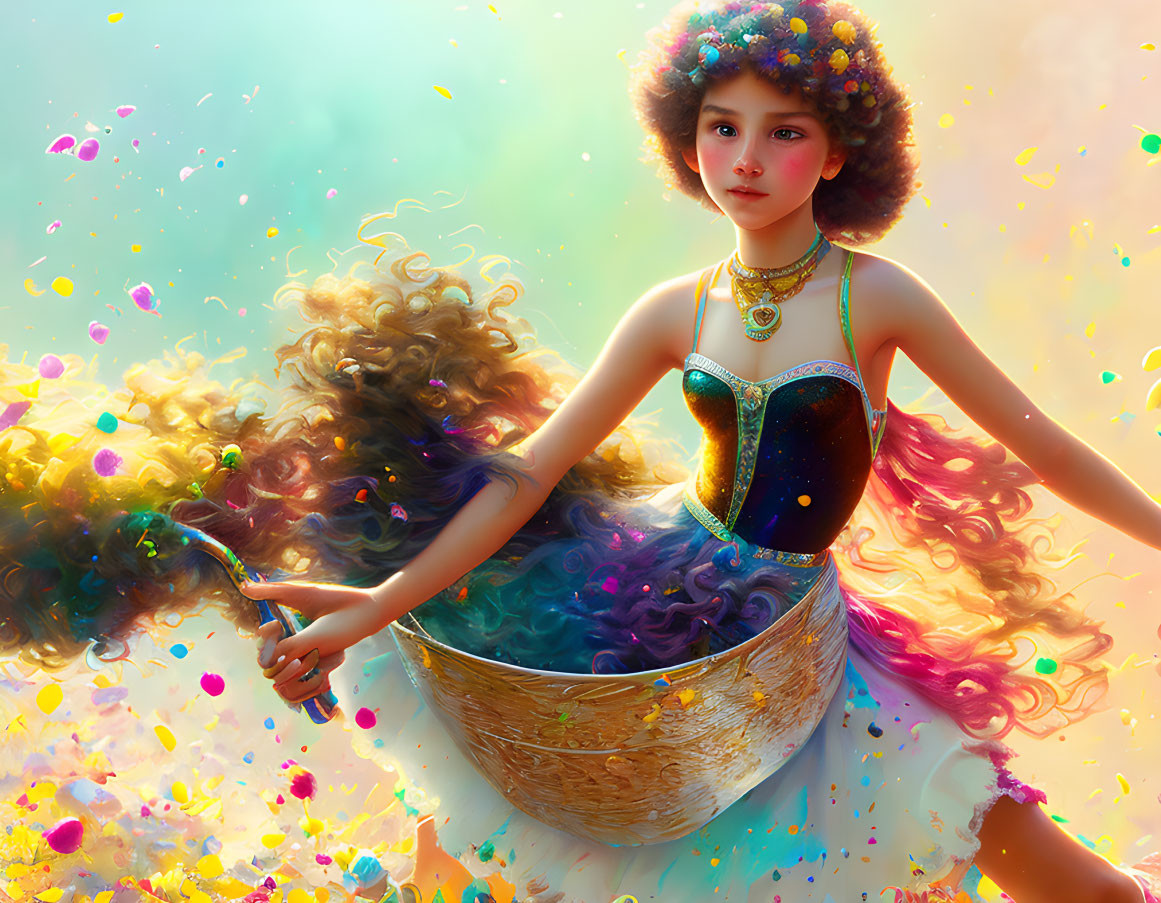 Colorful illustration of girl with flowing hair in half-shell amidst magical swirl.