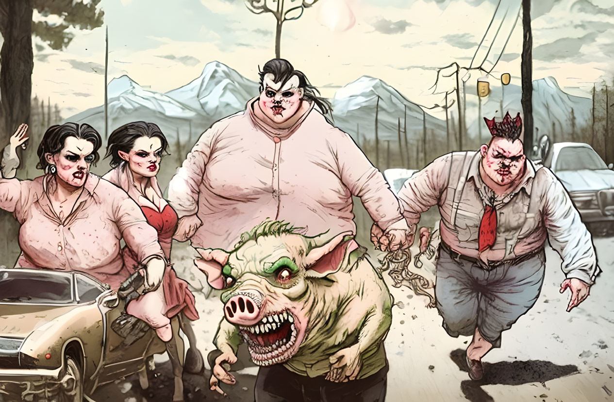 Four aggressive anthropomorphic pigs with car and mountains.