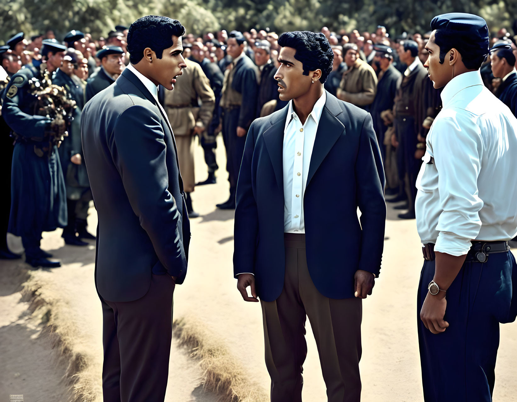 Formal Attired Men Discussing Surrounded by Uniformed Officers