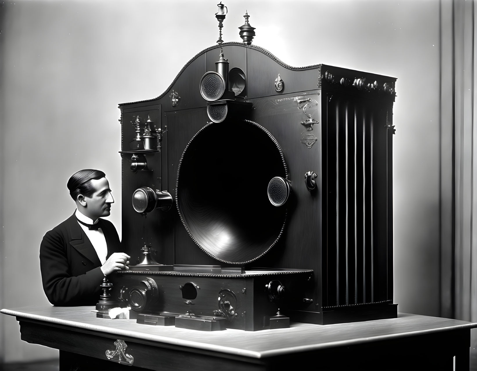 Vintage Acoustic Device with Giant Horn Speaker and Controls on Wooden Table