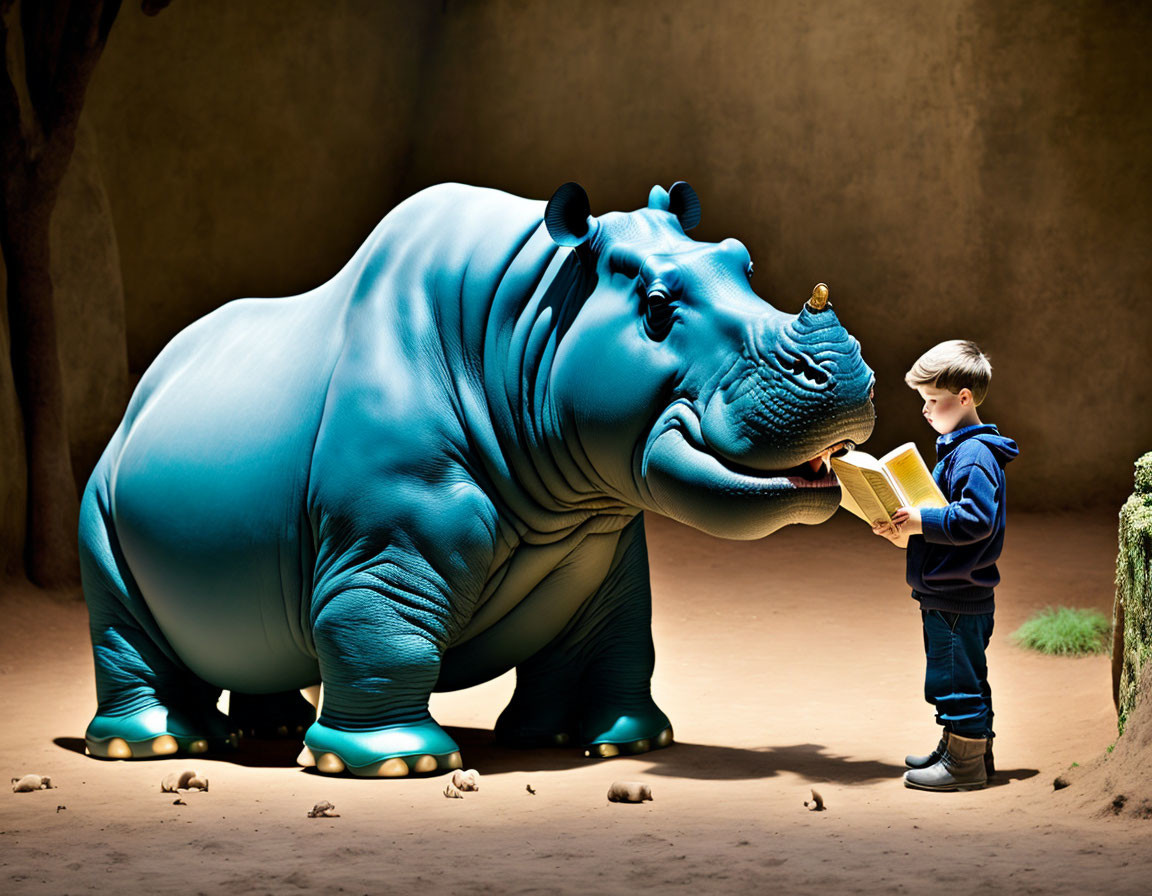 Young boy reading book to life-sized animated blue hippopotamus in serene sand enclosure.