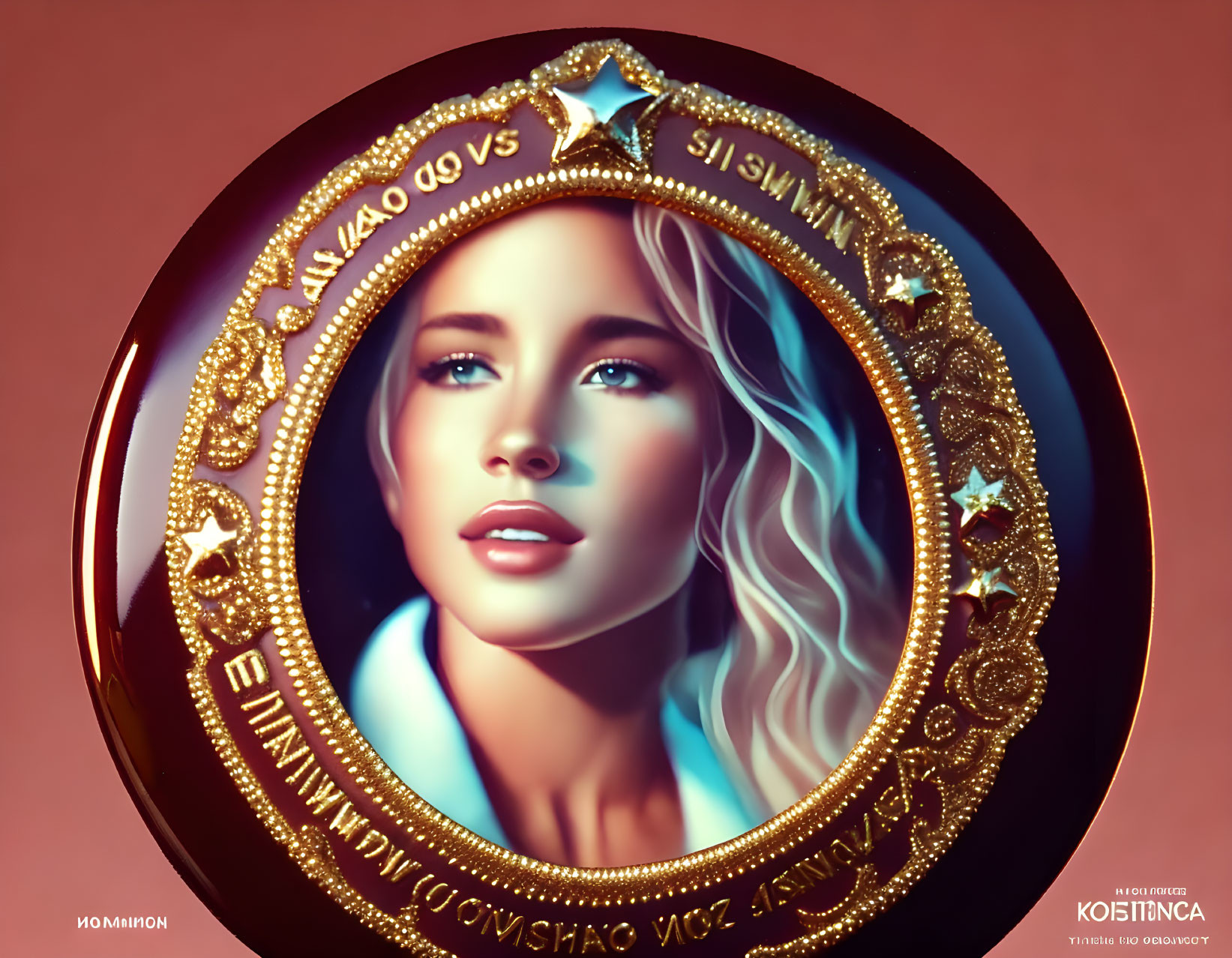 Woman with Blue Eyes and Wavy Hair in Ornate Golden Frame