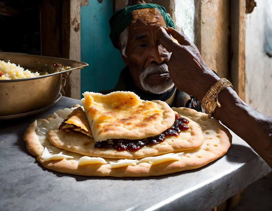 Elderly person reaching for stuffed flatbread with rice in background