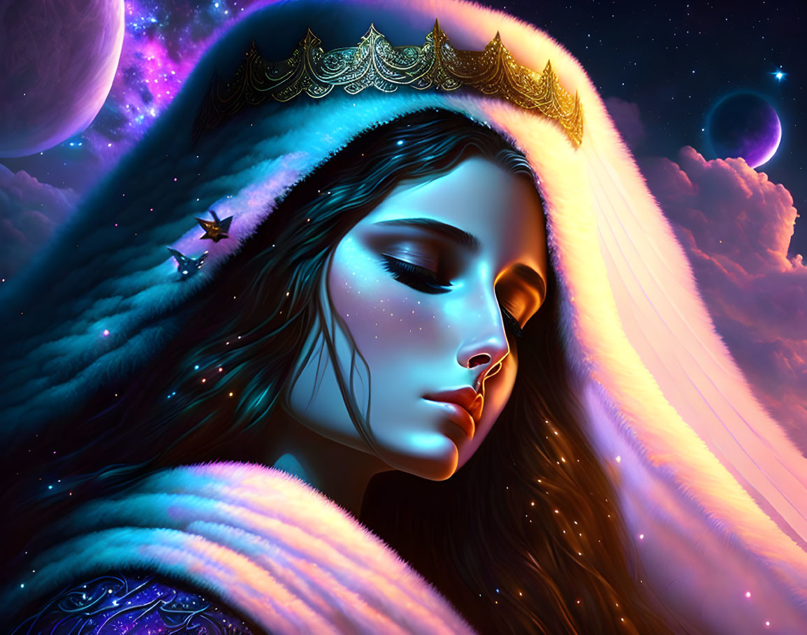 Surreal portrait of woman with celestial crown and cosmic cloak