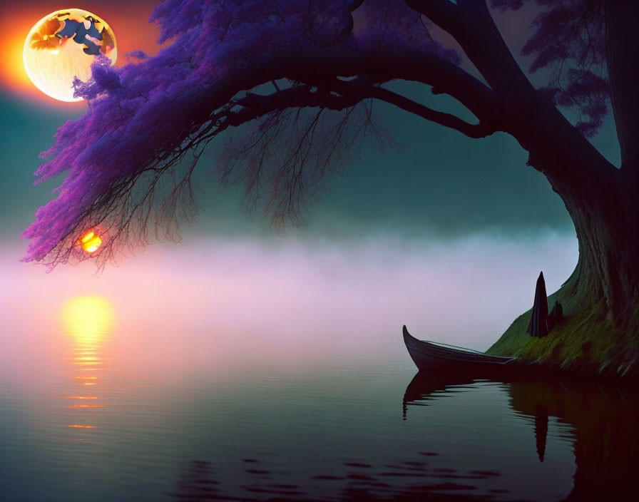 Mystical boat scene with purple tree, fog, and full moon