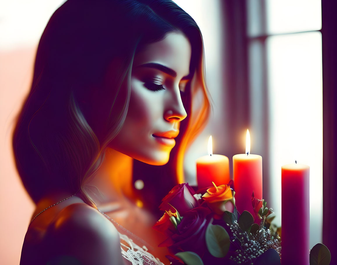 Serene woman holding bouquet near lit candles and window