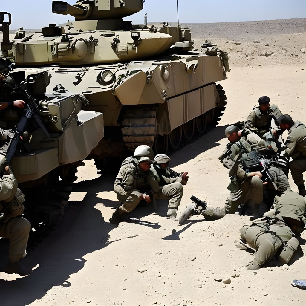 Military soldiers in desert gear near tank in sandy setting