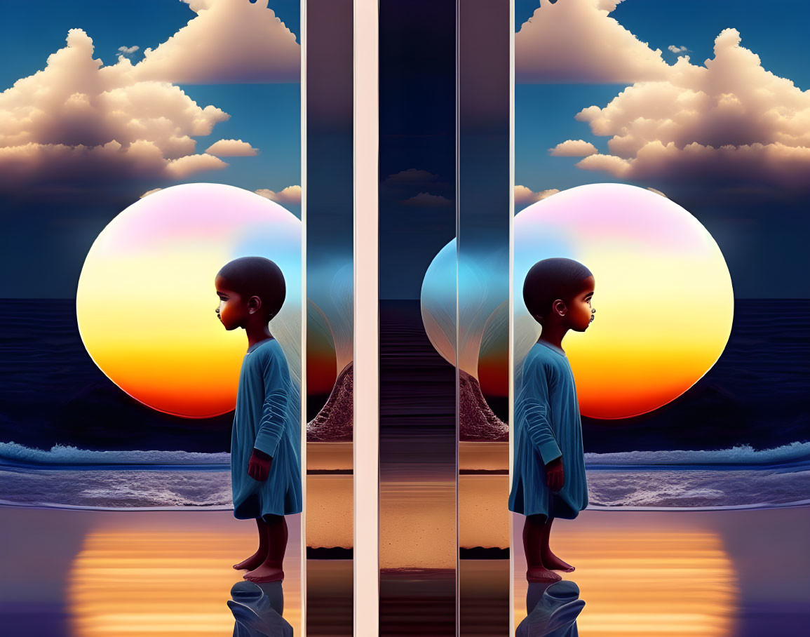 Mirrored child gazing at surreal sunset with circular sun backdrop