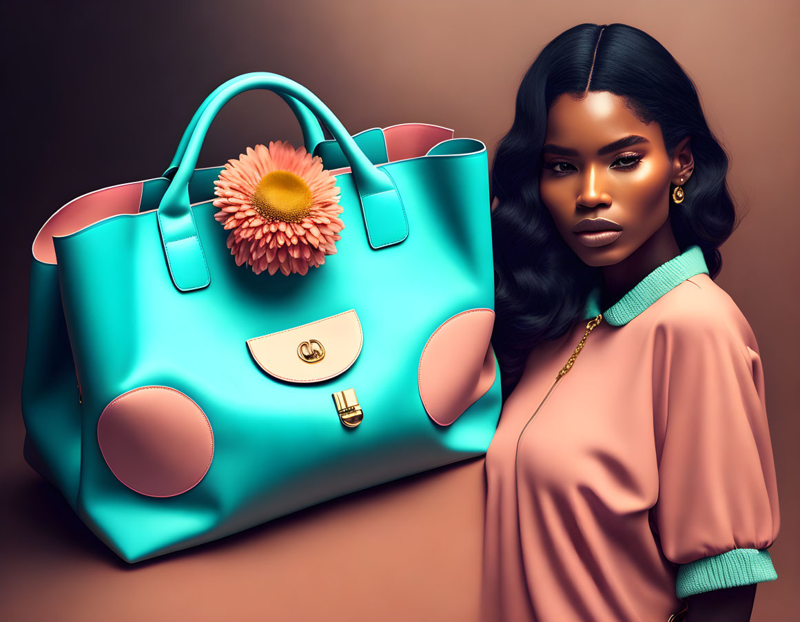 Woman with Serious Expression Beside Large Turquoise Handbag