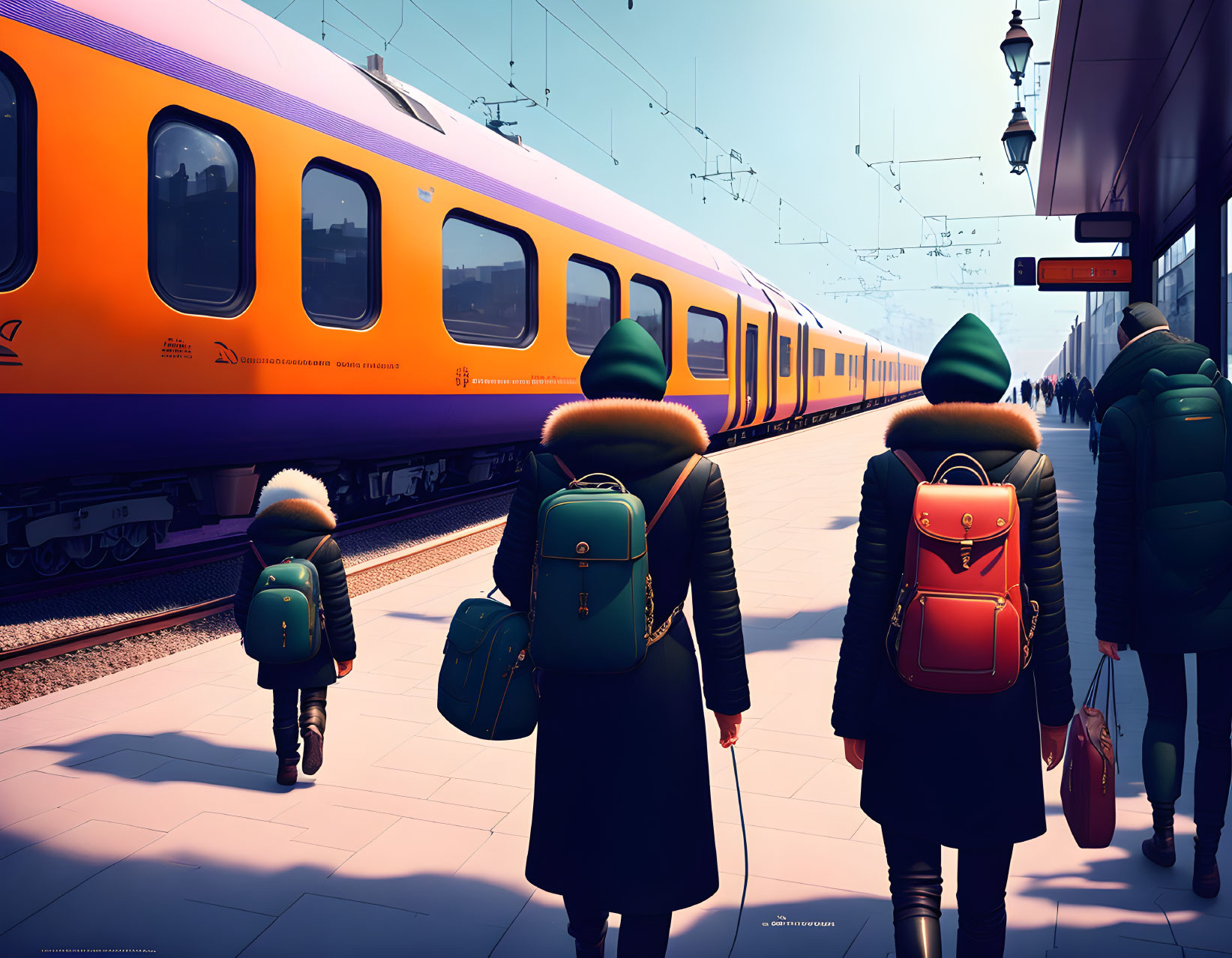 Family in matching green coats and orange backpacks on train platform