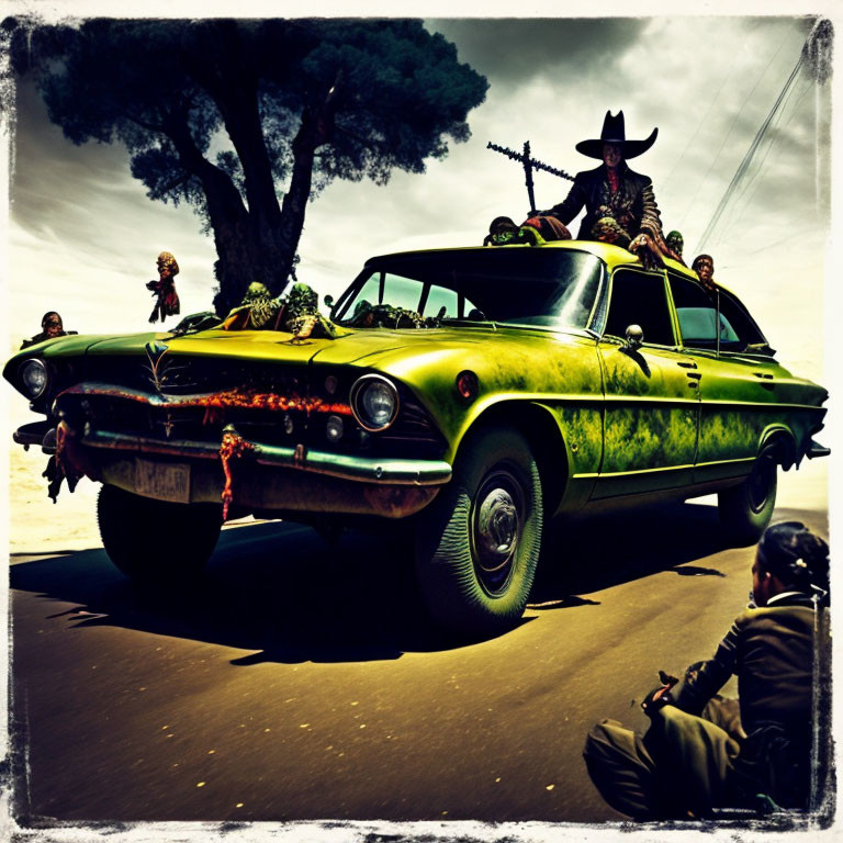 Post-apocalyptic scene with people by vintage car under dramatic sky