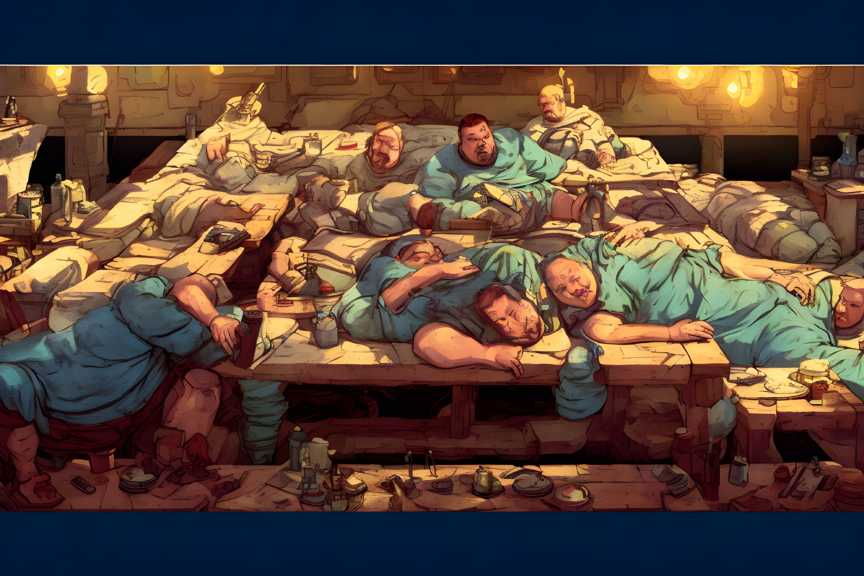 Illustration of men in blue robes in cluttered room