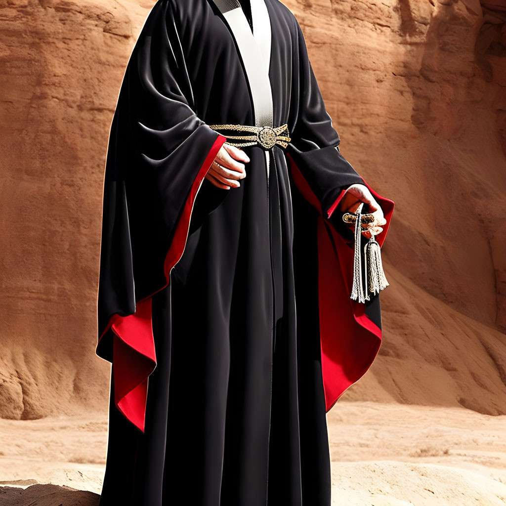 Person in traditional black robe with red lining and intricate belt against sandy rock background.